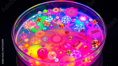 Glowing Petri dish overflowing with vibrant abstract representations of scientific concepts.