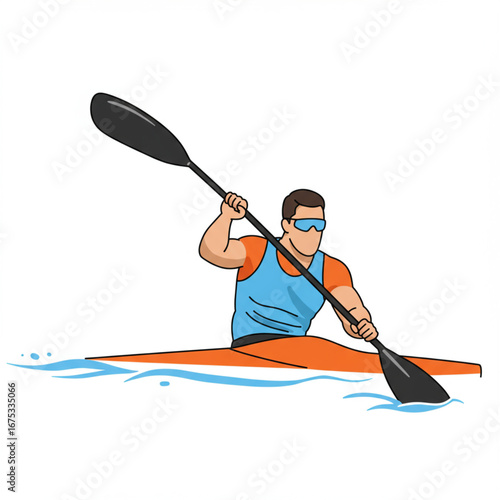 Dynamic cartoon illustration of a sportsman in a kayak, paddling with full force on the water for a race