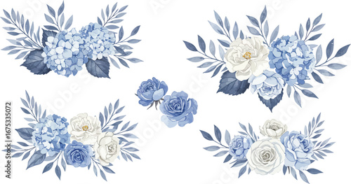 Set of beautiful blue and white floral arrangements.