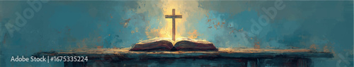 Vector illustration. Open holy bible with glowing cross in the middle. Watercolor painting