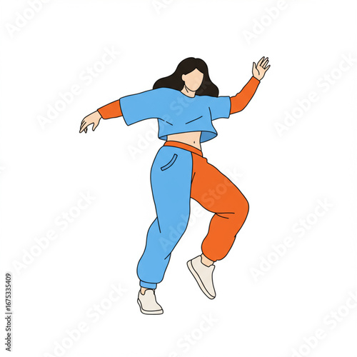 Dynamic illustration of a joyful young woman in a stylish two-tone outfit, striking a lively pose, showcasing her energetic dance moves and passion for rhythm and self-expression
