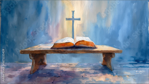 Vector illustration. Open holy bible with glowing cross in the middle. Watercolor painting