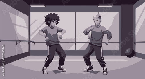 Two dancers practicing moves in a dance studio with ballet barre and mirrors