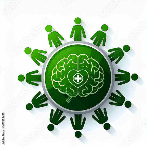Green Circle Graphic: Brain with Heart and Cross, Surrounded by People