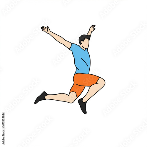 Dynamic flat design vector illustration of a young man jumping with excitement. This cartoon character represents joy, freedom, and achieving success