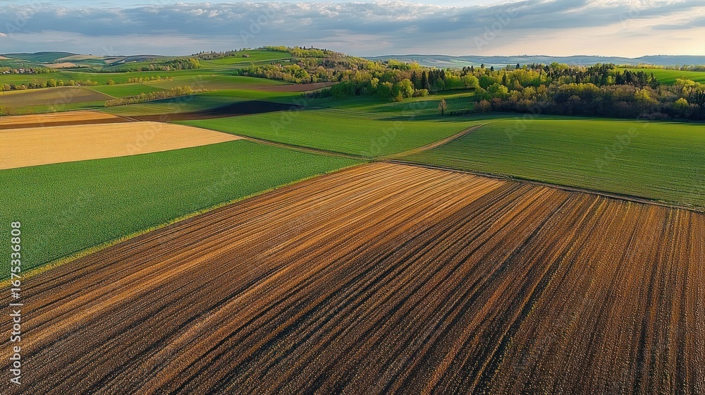 Fototapeta premium Expansive agricultural landscape with green and brown fields stretching towards rolling hills under a partly cloudy sky in soft natural light
