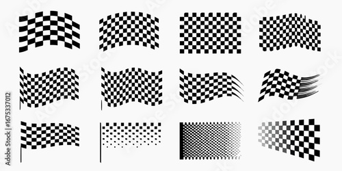 Collection of checkered racing flags in various styles and orientations on a white background