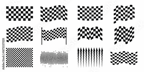 Collection of checkered racing flags and patterns in various styles and movements