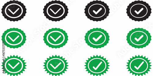 Collection of green and black checkmark badges and seals with a serrated edge