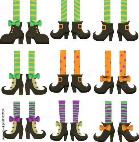 Collection of halloween witch legs with colorful stockings and shoes