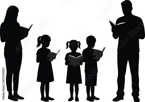 Silhouette family reading books together, parents with children, educational moment, learning time, shared knowledge, indoor study, happy learning activity.