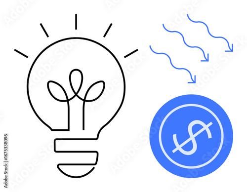 Light bulb glowing with plant-thumbs up filament, descending arrows, and dollar symbol. Ideal for innovation, sustainability, growth, finance, inspiration investment strategic thinking. Simple flat
