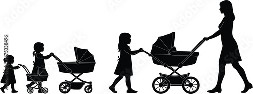 Silhouette illustration showing the growth of a girl to a mother, each pushing a baby stroller, parenting concept vectorSilhouette illustration showing the 