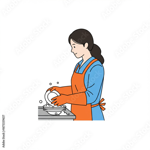 Illustration of a woman wearing an apron and gloves washing dishes, a representation of daily household chores and maintaining a clean home