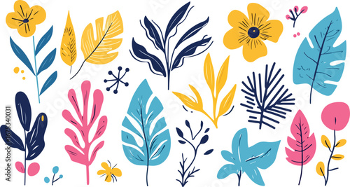 Vibrant collection of stylized tropical leaves and flowers in a whimsical hand drawn illustration