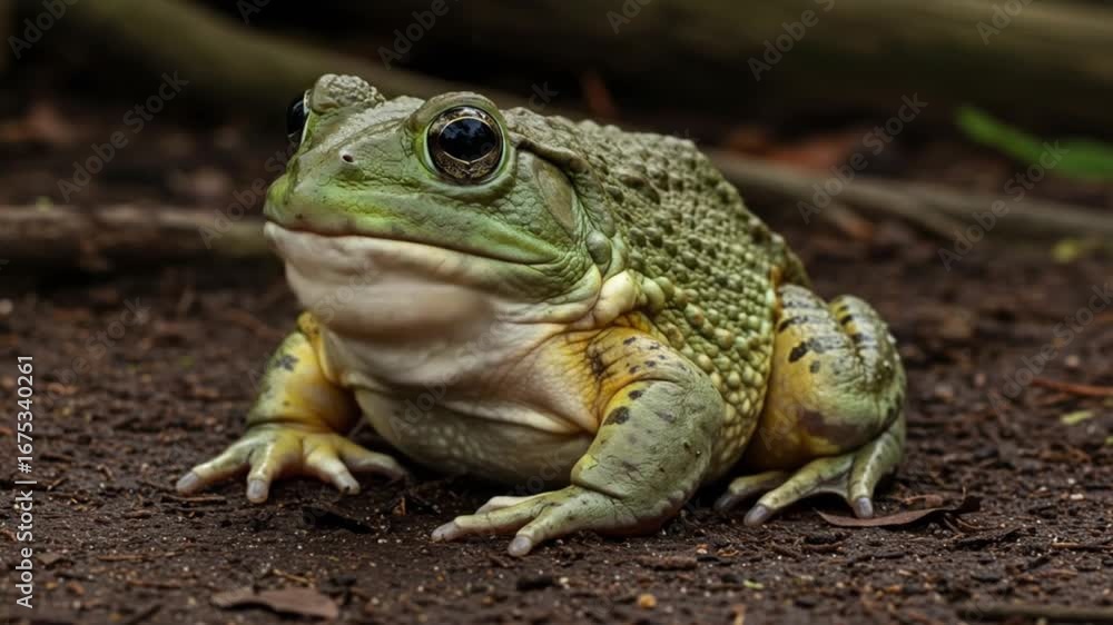 Close-up video of a fat African Bullfrog sitting on the forest floor. AI video Close-up video of a fat African Bullfrog sitting on the forest floor. AI video