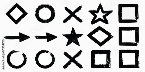 Collection of hand drawn black geometric shapes and symbols on a white background