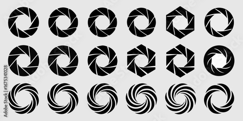 Collection of black camera aperture icons and swirling abstract shapes on a light gray background