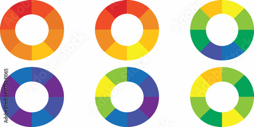 Six colorful circular diagrams showing color wheels with different color combinations on a white background