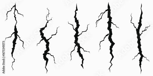 Collection of five black cracked lines on a white background
