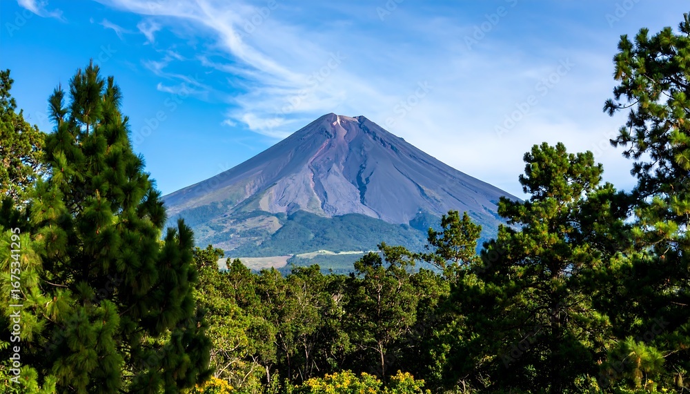 Fototapeta premium Majestic Volcano Peak Surrounded by Lush Green Forest Under a Blue Sky.