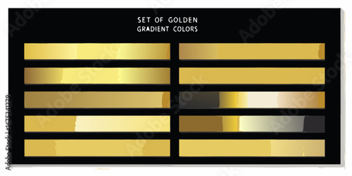 Collection of ten horizontal golden gradient color swatches on a black background