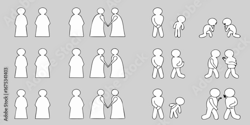 Collection of simple line art figures depicting various human interactions and relationships against a plain background