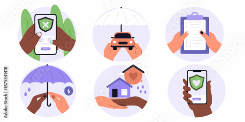 Collection of insurance concepts illustrated with hands protecting assets like cars homes and digital security