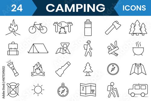 Camping icon set. Camping and Outdoor editable stroke outline icons vector set. Hiking, travel, nature, forest, campfire and more icon. Vector illustration.