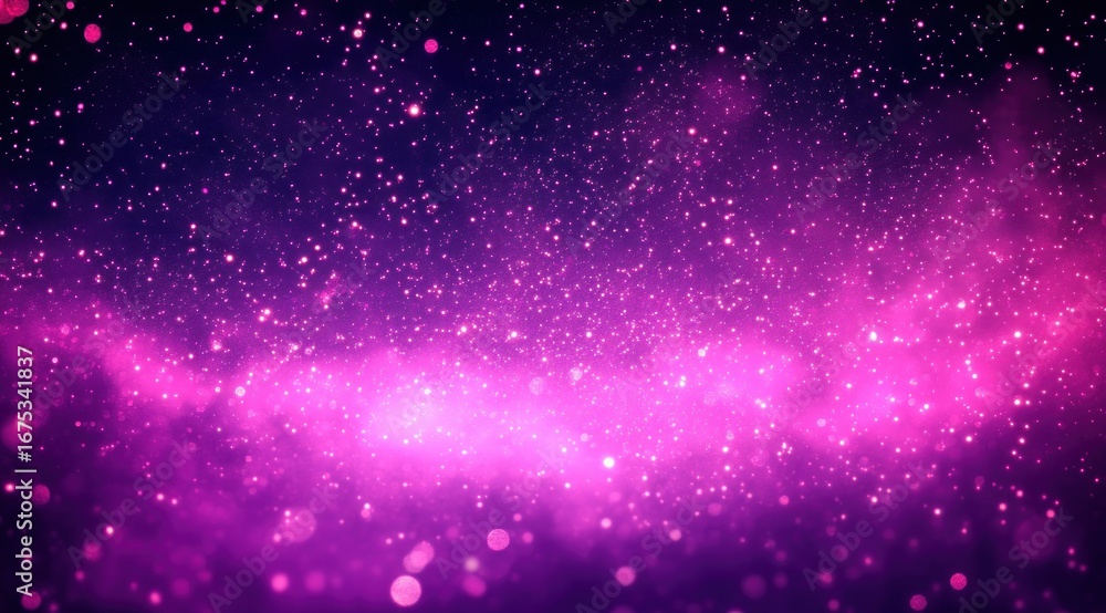 Naklejka premium Glowing sparkles and particles scattered across a vibrant purple and pink cosmic background evoking a sense of wonder and vastness