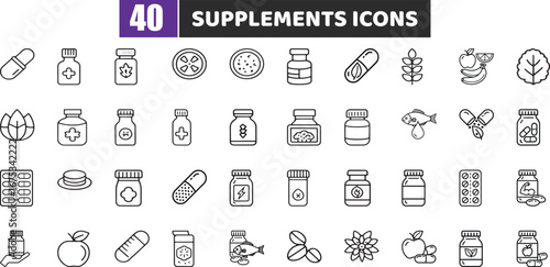 Health Supplement Line Icons | Vitamin, Pill, and Nutrition Vector Symbols
