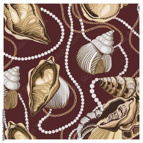 This elegant seamless pattern features a collection of delicate seashells intertwined with lustrous pearls and gold chains against a deep burgundy background. 