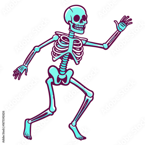 Dancing skeleton illustration with teal and purple outline