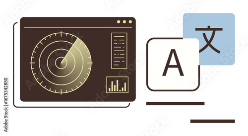 Radar display screen with data charts beside language translation symbols. Ideal for technology, innovation, language, communication, translation, data analytics, global connectivity. Clean flat