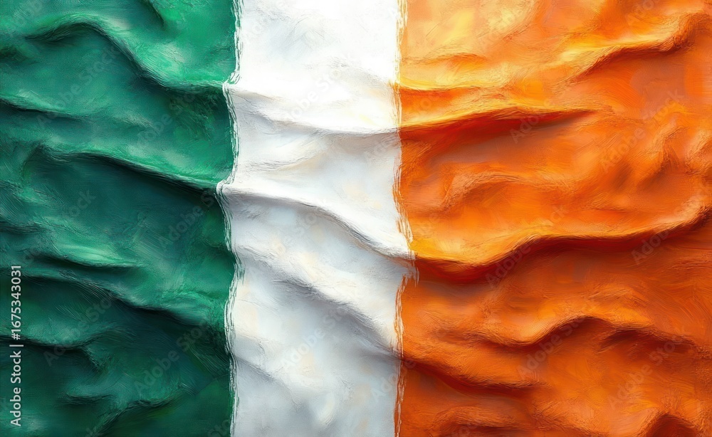 custom made wallpaper toronto digitalClose-up view of a textured flag with vertical stripes in green, white, and orange colors, showing fabric folds and a tactile, weathered appearance