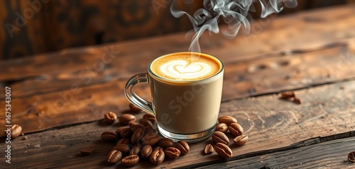 Creamy toffee nut latte steams on rustic wood, rich coffee aroma,  overhead,  delicious