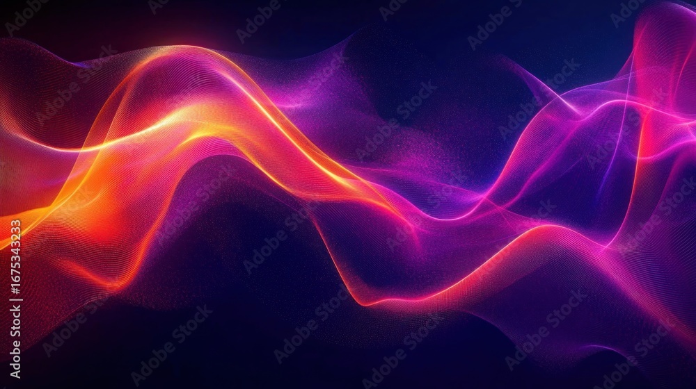 Obraz premium Vibrant flowing abstract waves of glowing orange, pink, and purple light on a dark blue background conveying fluid motion and energy