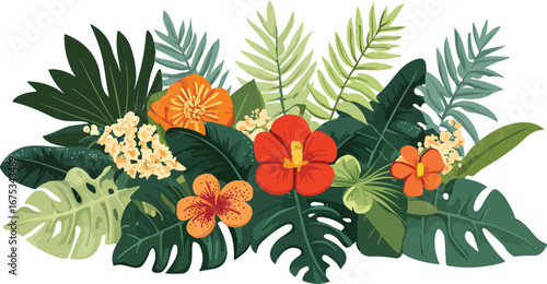 Vibrant tropical floral arrangement with lush green leaves and exotic red and orange flowers