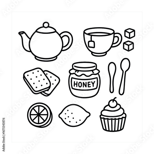 Black and white tea time outline with teapot, cup, honey, and snacks