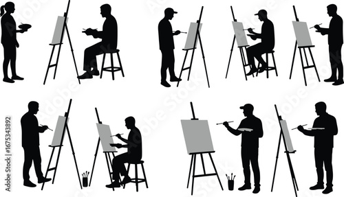 Silhouette vector illustration of artists painting on canvas at easels, showcasing art creation, studio practice, and creative learning process.