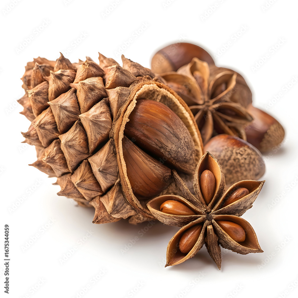 Fototapeta premium Single dried pine nut isolated on white background, displaying its smooth, ivory surface