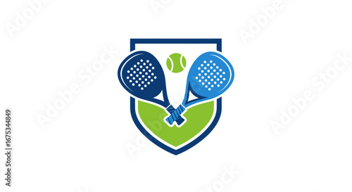 Padel tennis shield emblem, featuring crossed rackets and a tennis ball icon