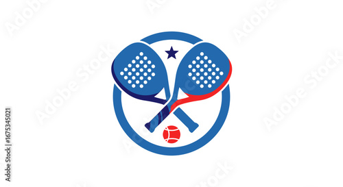 Dynamic emblem design featuring crossed padel rackets with energetic