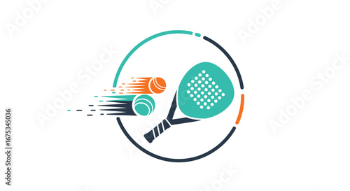 Paddle sport emblem, dynamic action concept with flying ball and paddle racket
