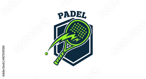 Dynamic padel logo featuring a striking green racket and electric ball trail