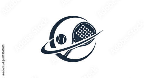 Dynamic paddle tennis concept logo design featuring a racket and a ball