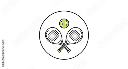 Padel tennis rackets with a ball inside a circular frame ready for match