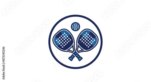 Paddle tennis emblem with crossed rackets and ball in a circular frame