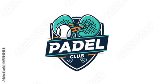 Dynamic padel club emblem with stylized ball and rackets in vibrant hues
