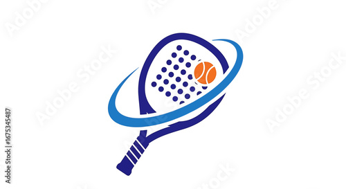 Padel sport logo showcasing racquet with ball and orbital motion effect icon